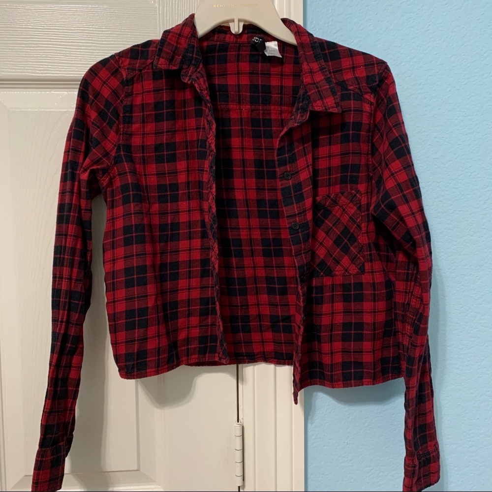 Red and Black Cropped Flannel Shirt